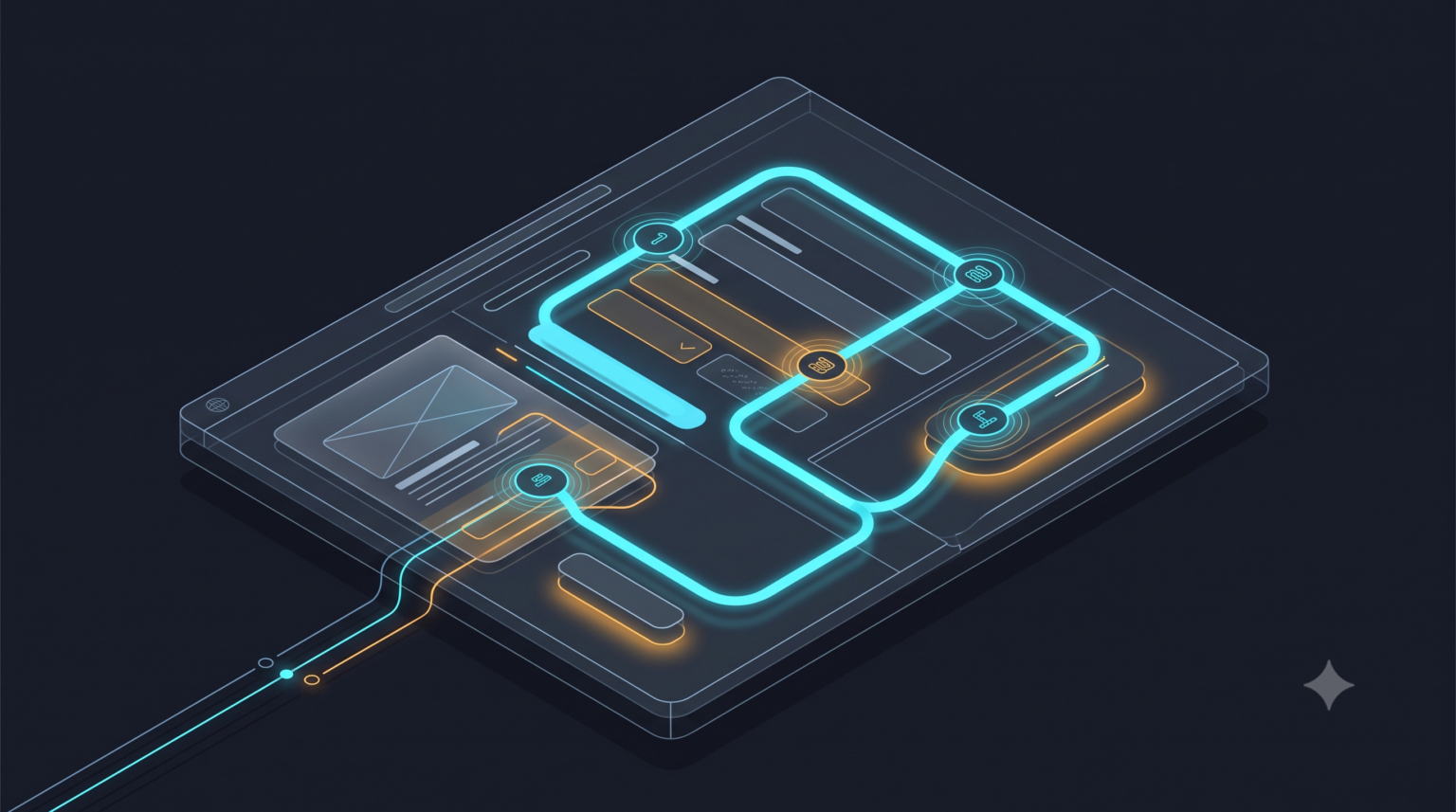 A translucent tablet interface with a glowing path linking points across its controls, surrounded by sound ripples, representing a planned focus order