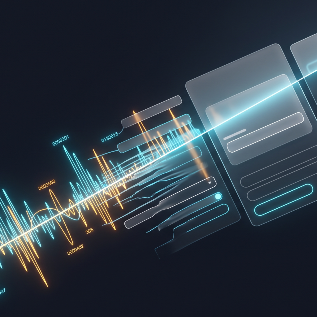 Glowing blue and orange sound waves flowing diagonally into translucent web form panels with text fields, dropdowns and toggles