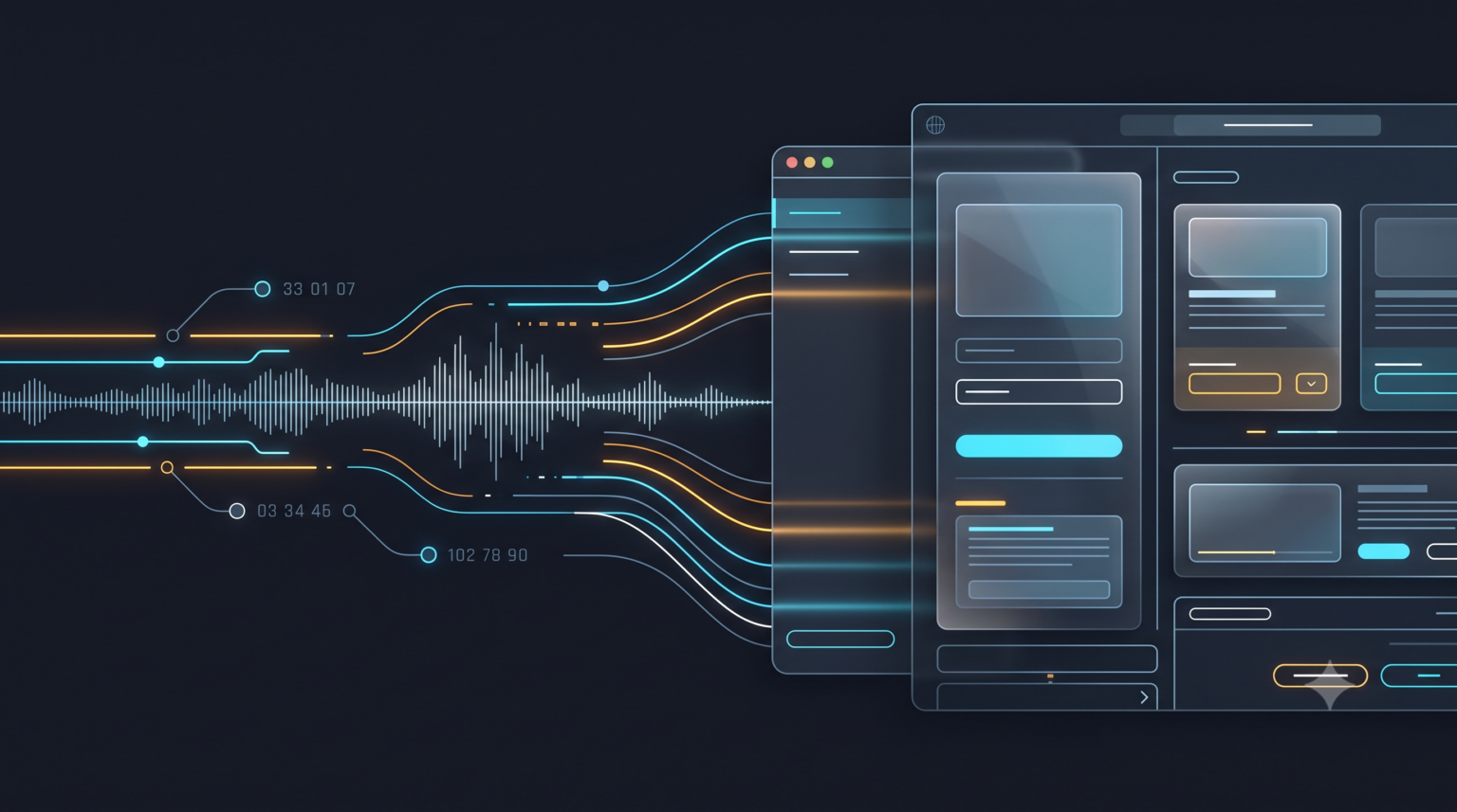 A sound waveform and signal lines converging from the left into a layered web page layout, showing an interface experienced as a linear stream