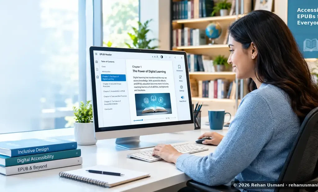 A woman reads an e-book on a desktop computer. The EPUB reader shows a table of contents, a chapter titled The Power of Digital Learning, and buttons for text size, contrast and read aloud.