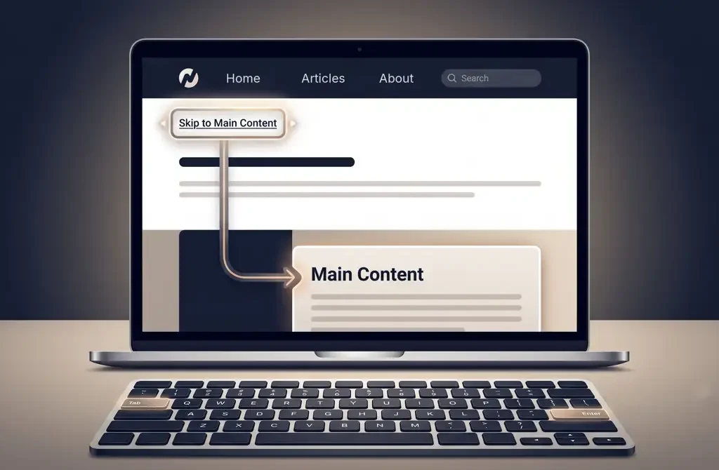 A laptop showing a web page where a focused "Skip to Main Content" link at the top leads straight to the main content area, with the Tab and Enter keys highlighted on the keyboard below