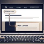 A laptop showing a web page where a focused "Skip to Main Content" link at the top leads straight to the main content area, with the Tab and Enter keys highlighted on the keyboard below